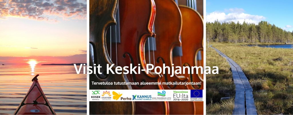Kolmiosainen kuva, jossa merimaisema, viuluja ja pitkospuut